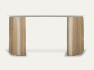 Mesa de ventas Vanguard, Punto de venta en madera roble sobre. Con cristal lacobel blanco.
