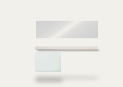 Lentillero con mesa y espejo espejo en pared, con almacenamiento inferior, ideal para ópticas, mobiliario comercial diseñado por Estudio AMA