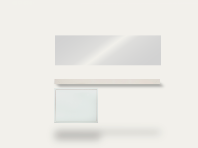 Lentillero con mesa y espejo espejo en pared, con almacenamiento inferior, ideal para ópticas, mobiliario comercial diseñado por Estudio AMA