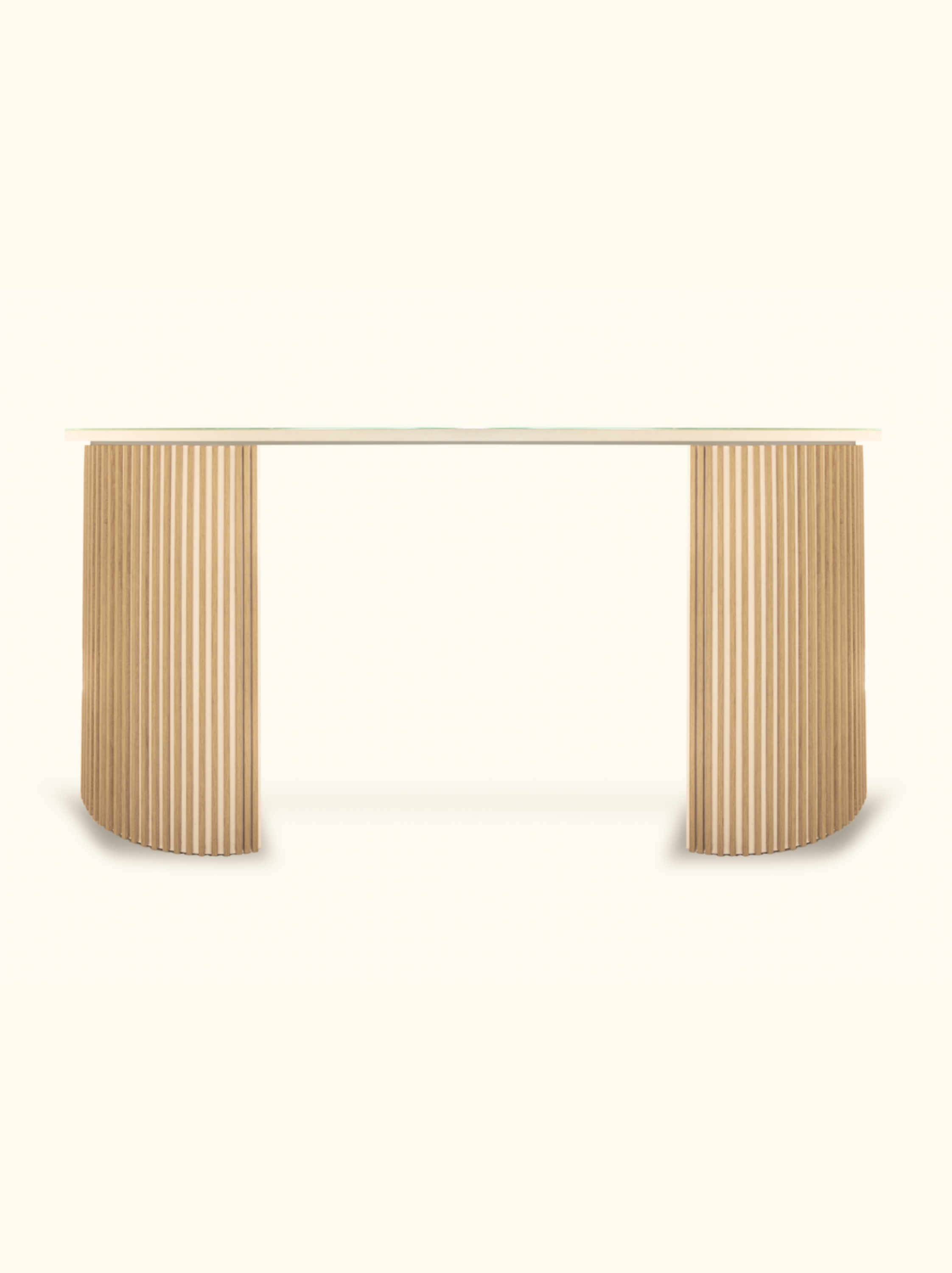 Mesa de ventas Vanguard, Punto de venta en madera roble sobre. Con cristal lacobel blanco.